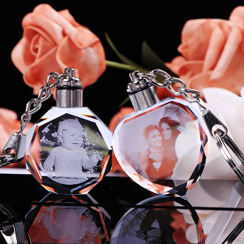 Engraving Photo Crystal Glass Keychain with LCD Light